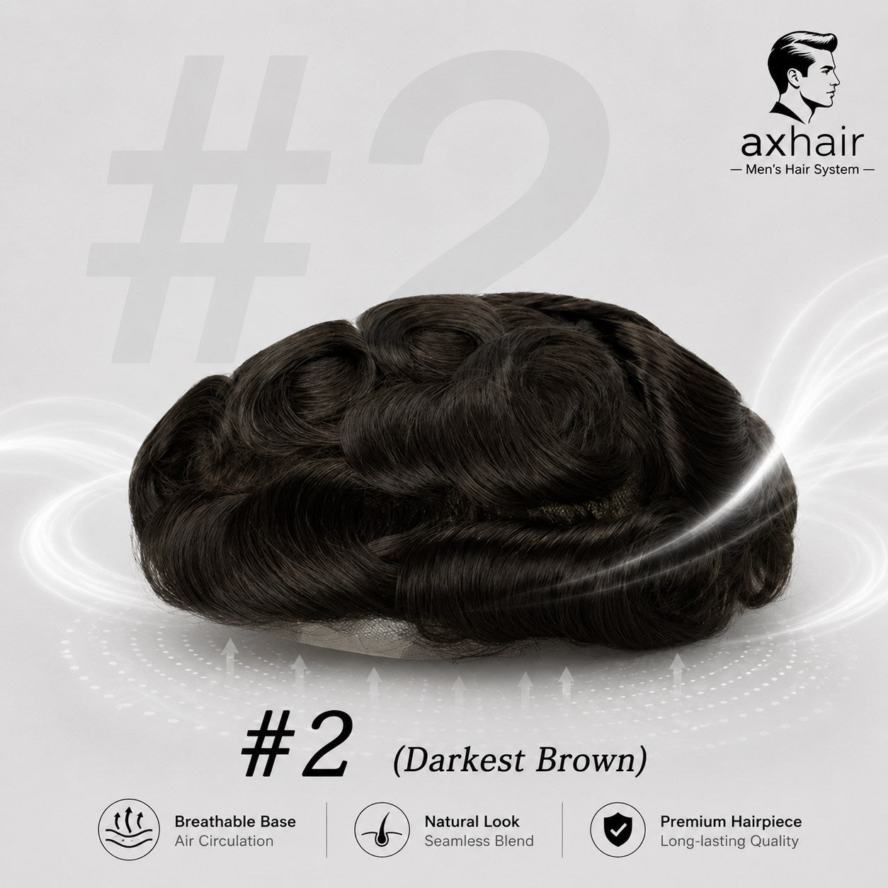 Full toupee with thick waves, #2 Darkest Brown, rounded top